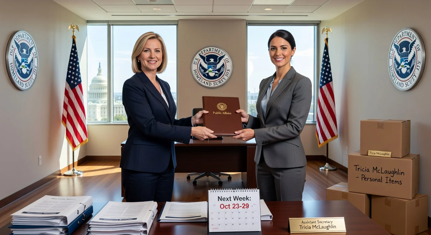 Illustration depicting DHS public affairs chief Tricia McLaughlin handing over to deputy Lauren Bis in a government office, symbolizing leadership transition.