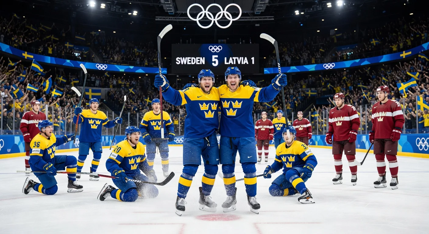 Swedish hockey players celebrate 5-1 Olympic win over Latvia, advancing to quarterfinals.