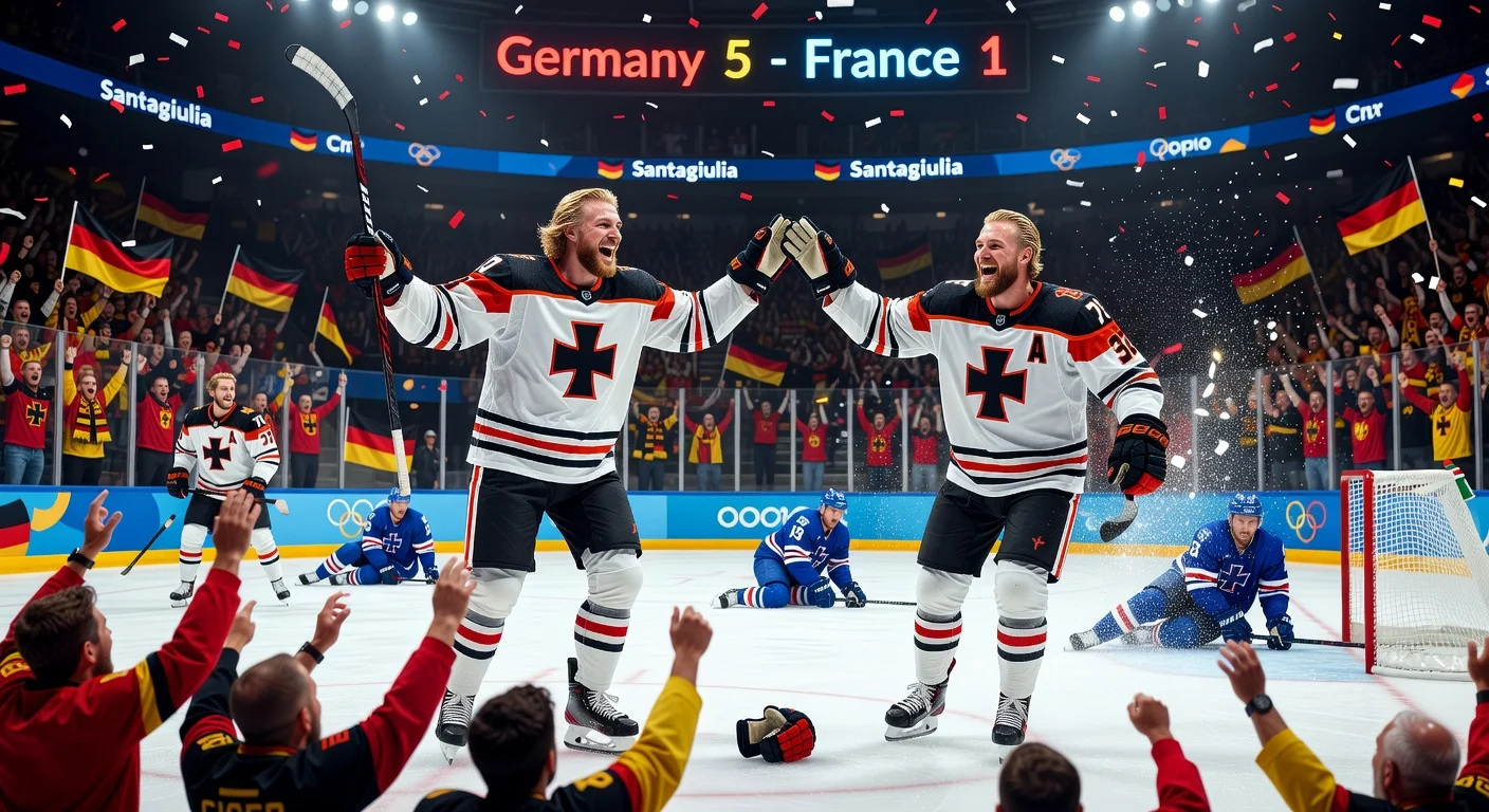 Germany's Leon Draisaitl celebrates during 5-1 Olympic playoff win over France at Milano Santagiulia Arena.