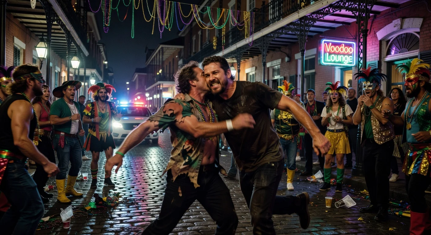 Shia LaBeouf headbutting a man in a Mardi Gras street fight in New Orleans French Quarter, with police approaching.