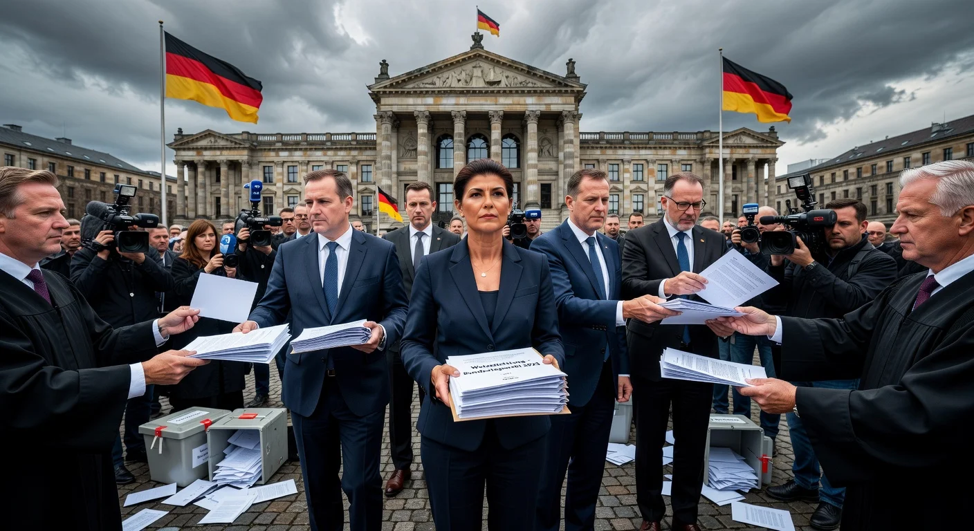BSW party leaders, led by Sahra Wagenknecht, file election complaint at Germany's Federal Constitutional Court in Karlsruhe over alleged 2025 Bundestag vote counting errors.