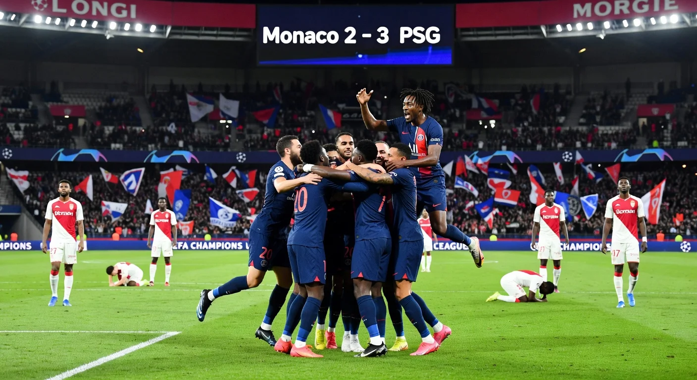 PSG players celebrate dramatic 3-2 comeback victory over Monaco in UEFA Champions League play-off first leg at Stade Louis II.