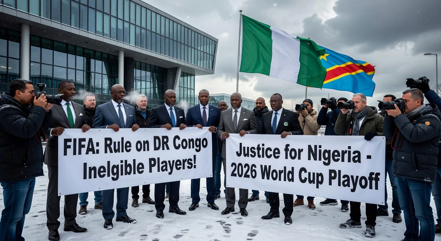 Illustration of Nigerian officials protesting outside FIFA HQ over delayed ruling on DR Congo player eligibility in World Cup playoff.