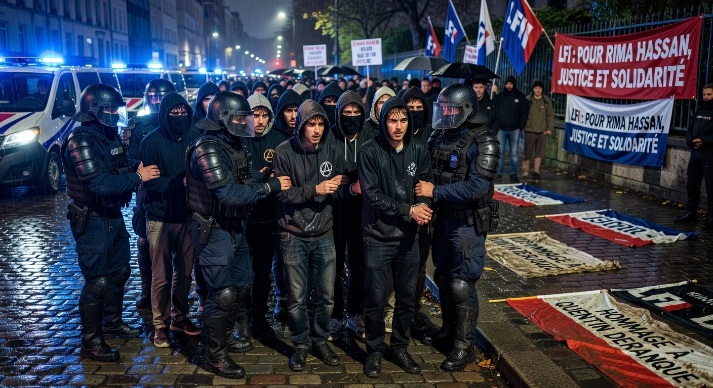 Police arresting nine ultraleft suspects, including an LFI aide, outside Sciences Po Lyon after nationalist militant Quentin Deranque's fatal assault.
