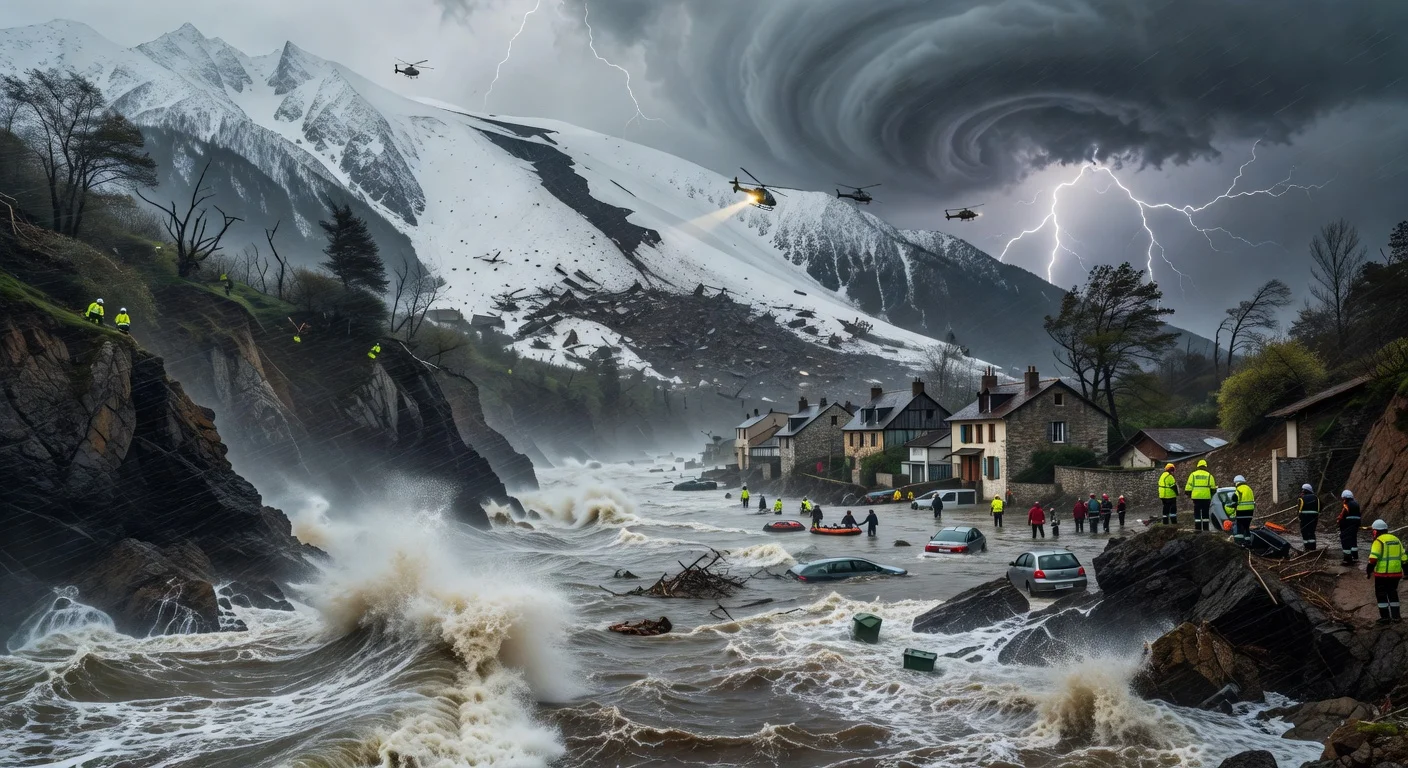 Dramatic illustration of Storm Pedro hitting France with floods, heavy snow, avalanches, and strong winds.