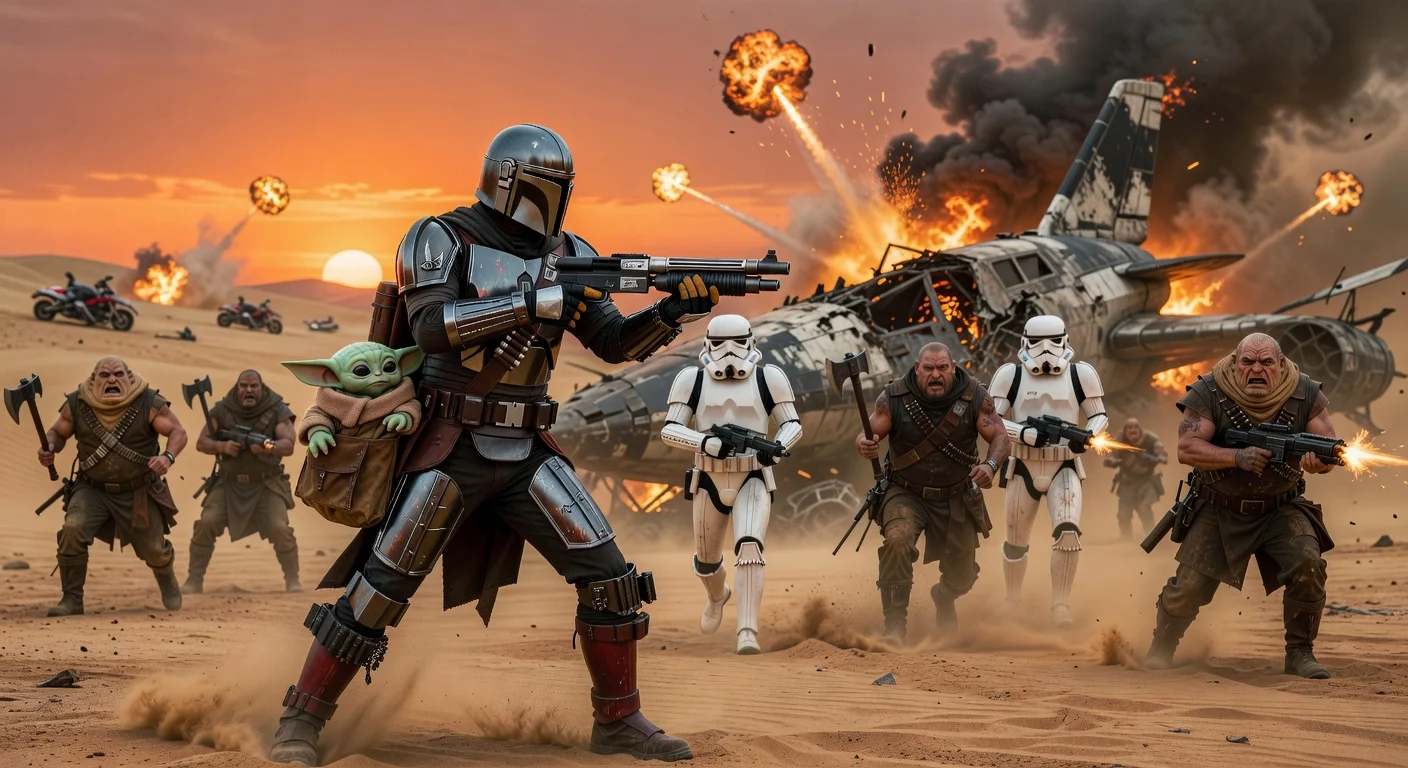 Dramatic scene from The Mandalorian & Grogu trailer: Mandalorian and Grogu facing Imperial remnants and Hutt thugs on a desert planet.
