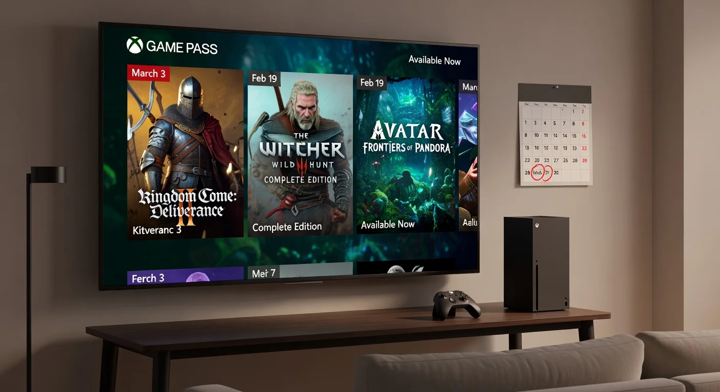 Xbox Game Pass news illustration: Console setup showcasing new additions like Kingdom Come: Deliverance II, Witcher 3, and Avatar on screen.