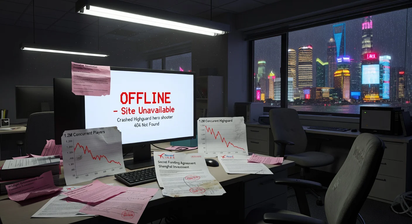 Dramatic photo illustration of Highguard game's studio amid website outage, layoffs, player decline, and Tencent funding scandal.