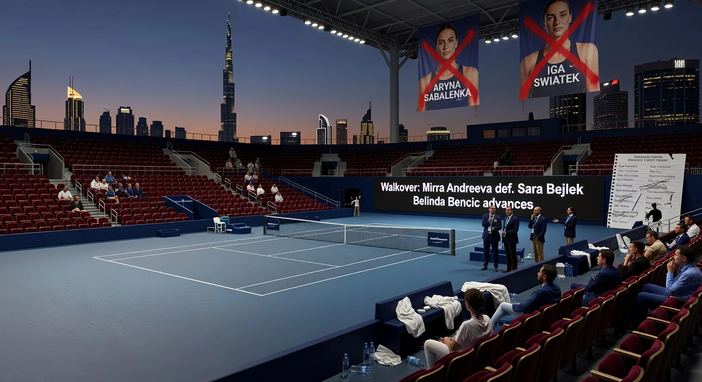 Empty Dubai Open tennis court illustration showing walkover results and crossed-out player banners amid withdrawals.