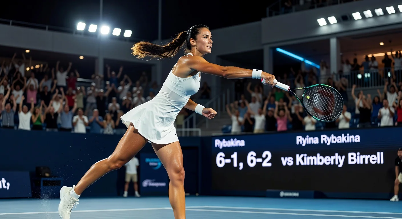 Elena Rybakina serves dominantly during her 6-1, 6-2 victory over Kimberly Birrell at the Dubai Tennis Championships.