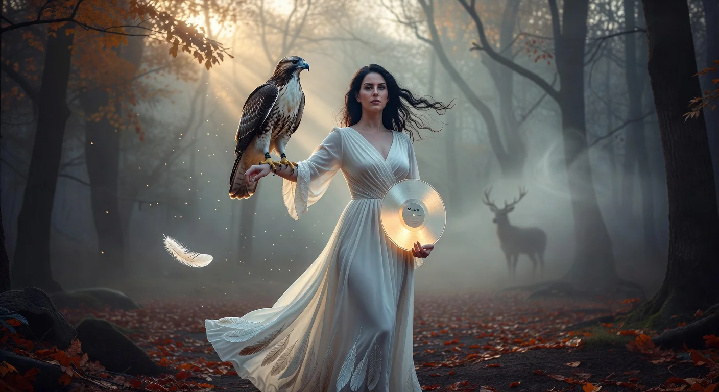 Lana Del Rey in an ethereal forest scene promoting her new single 'White Feather Hawk Tail Deer Hunter' from upcoming album 'Stove'.