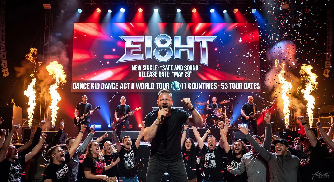 Shinedown band performing on stage with EI8HT album and world tour announcement graphics for news illustration.