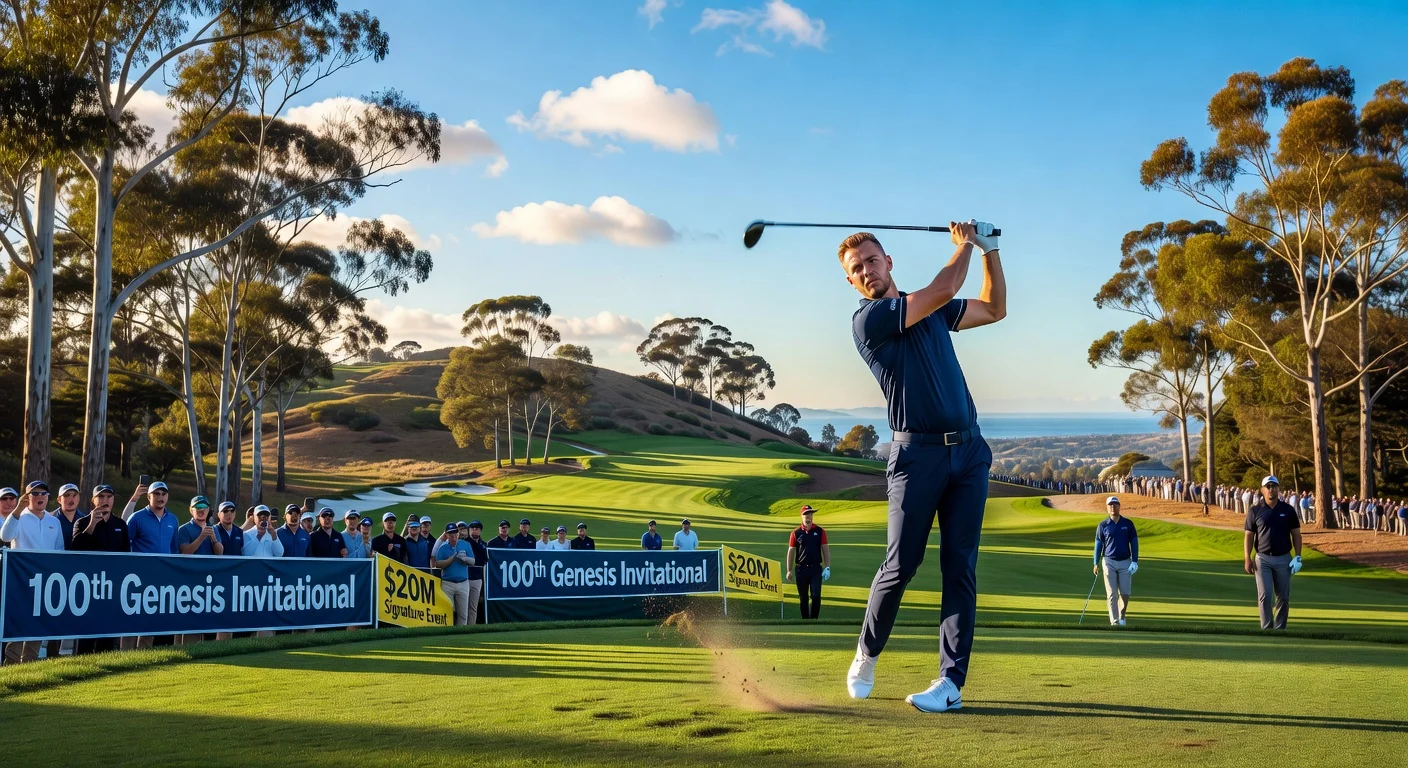 Riviera Country Club hosts the 100th Genesis Invitational with defending champion Ludvig Åberg teeing off amid top PGA stars and cheering fans.