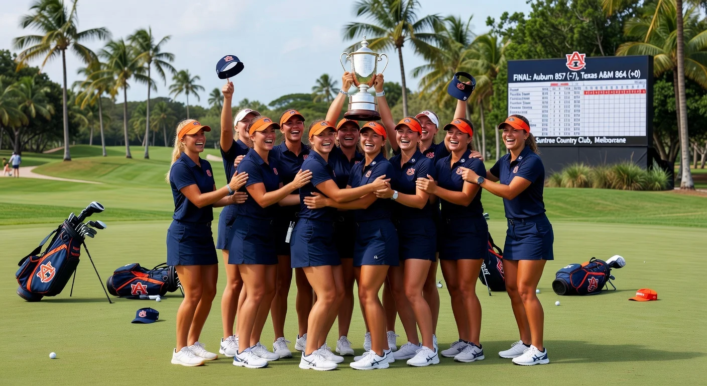 Auburn women's golf team celebrates Moon Golf Invitational team title win at Suntree Country Club.