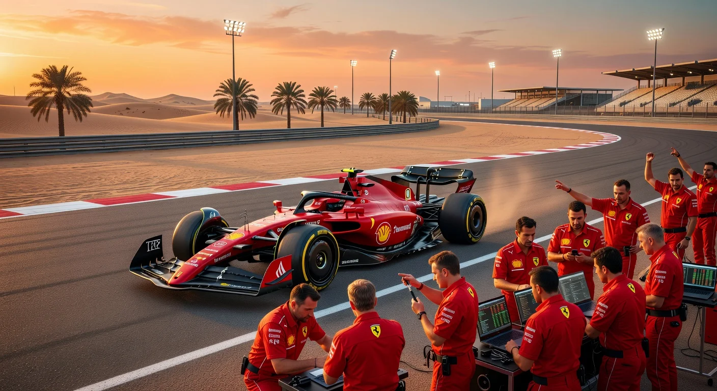 F1 teams in action during final Bahrain preseason test, highlighting Ferrari upgrades at sunset.