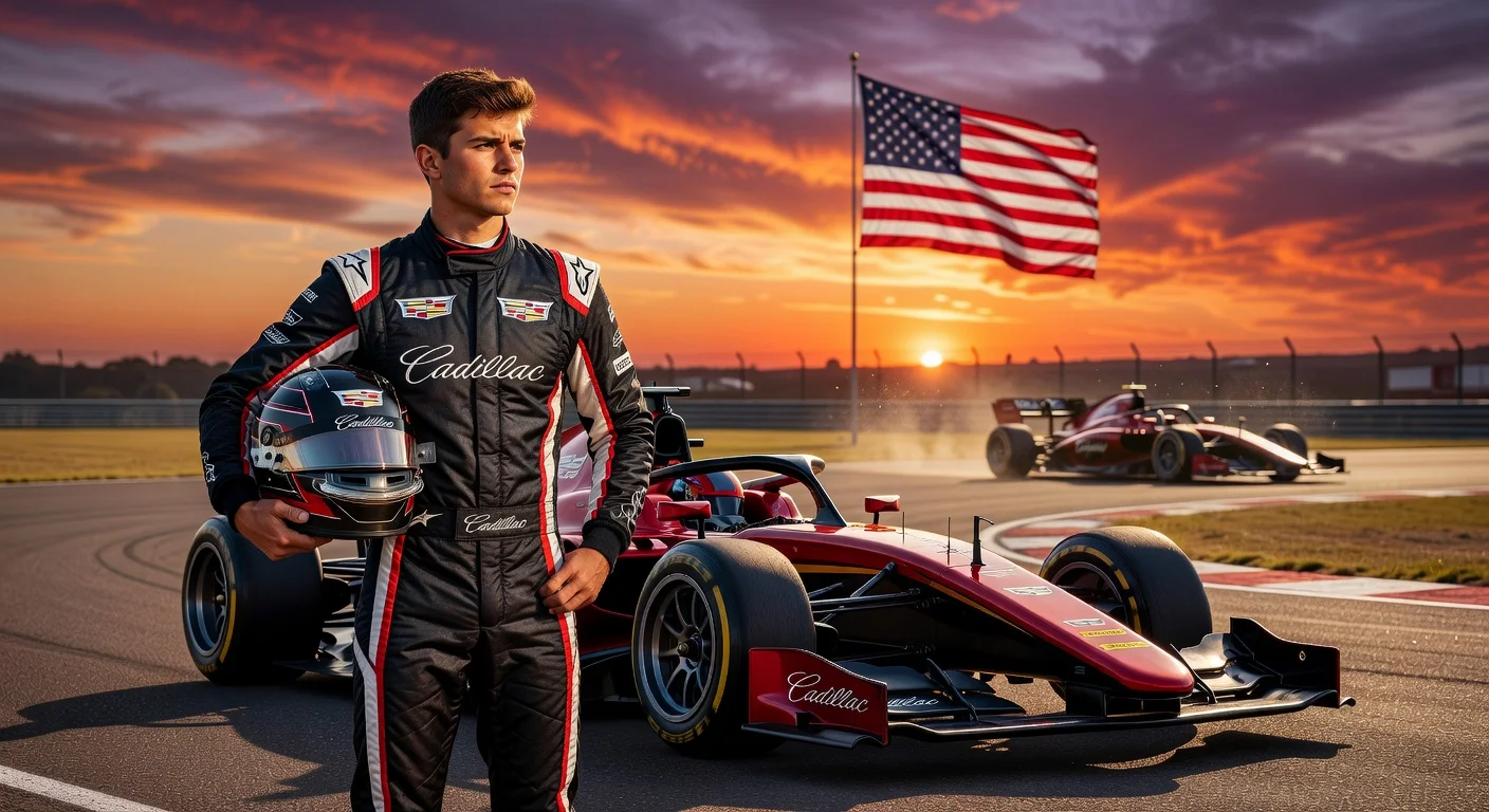 Colton Herta in Cadillac F2 racing gear on track, eyeing 2027 F1 ambitions.