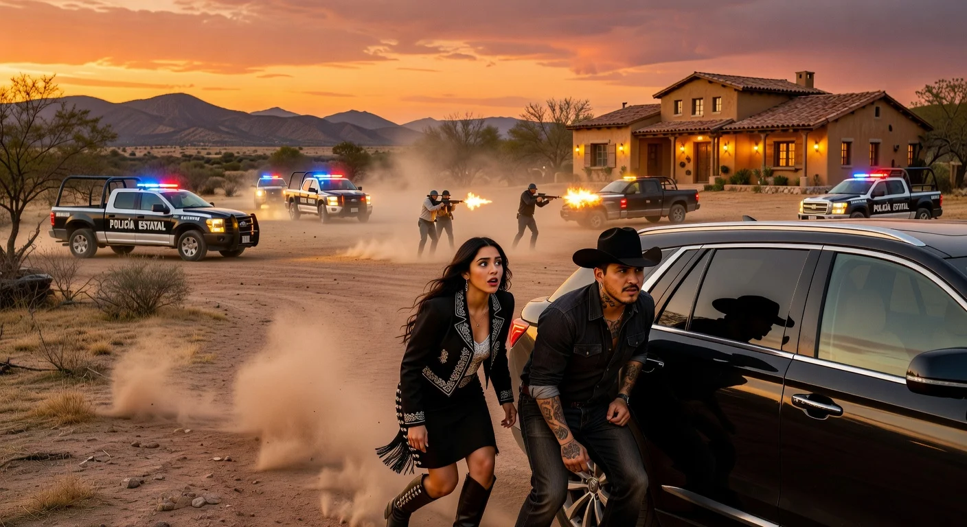 Ángela Aguilar and Christian Nodal witness a police shootout near their family ranch in Zacatecas, taking cover in shock.