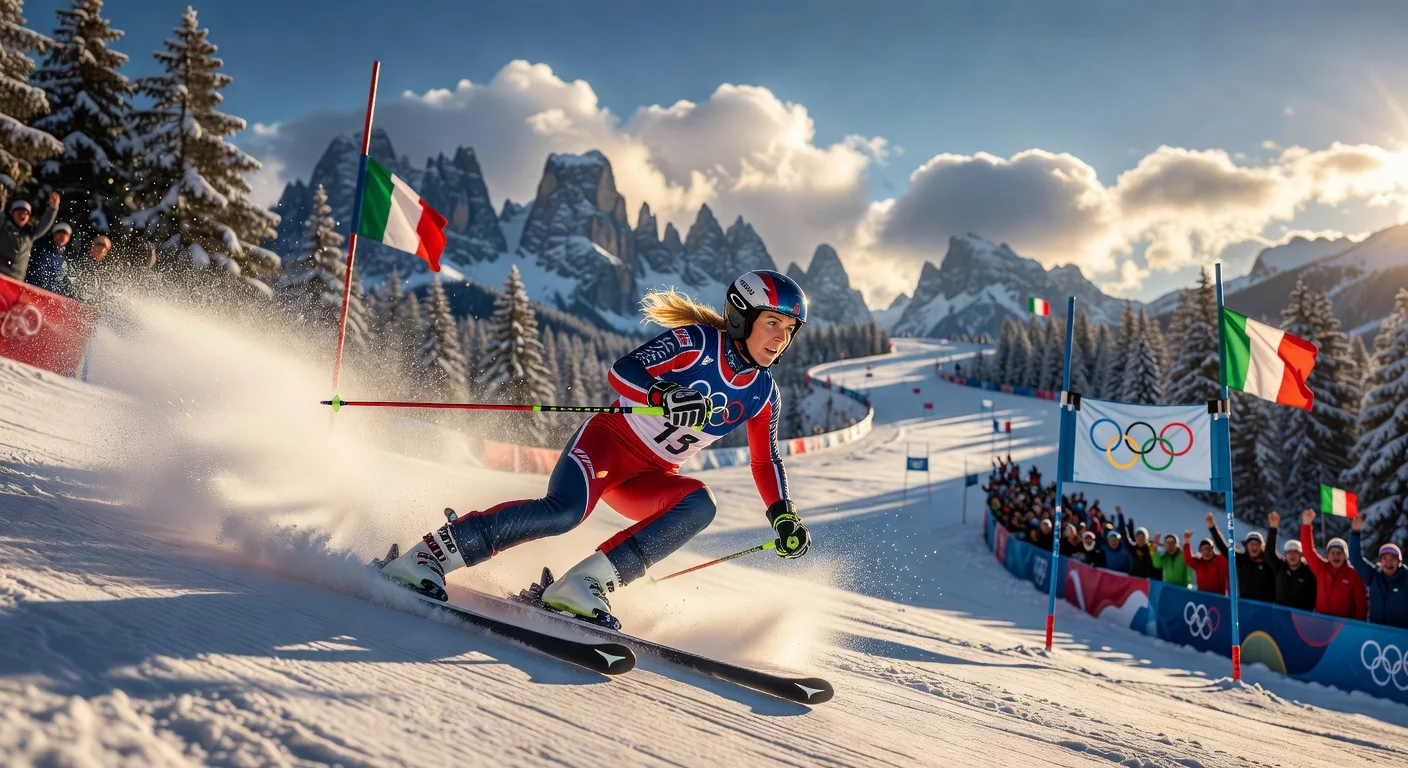 Mikaela Shiffrin in intense slalom action at 2026 Olympics, chasing gold medal.