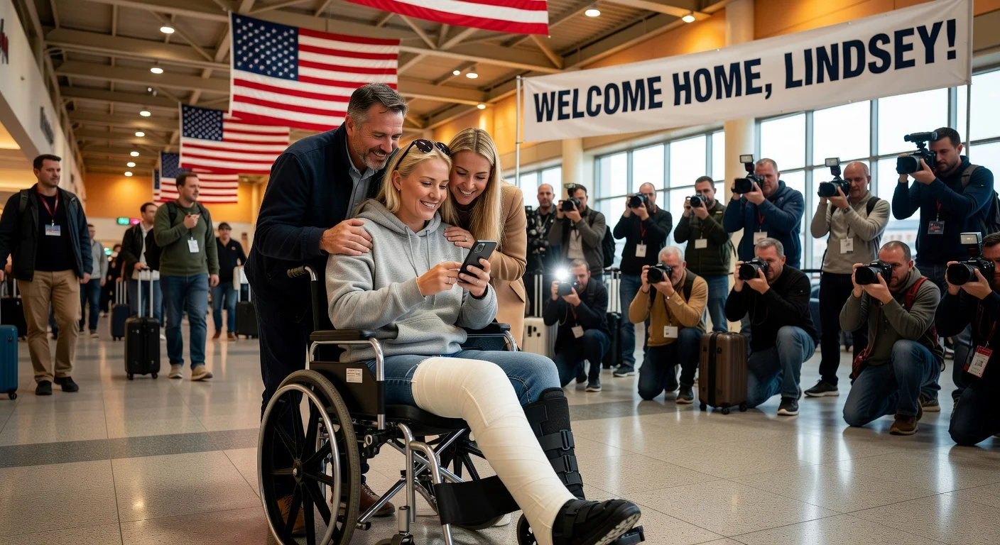 Lindsey Vonn, smiling in wheelchair with casted leg, greeted by family at US airport after Olympic injury recovery in Italy.