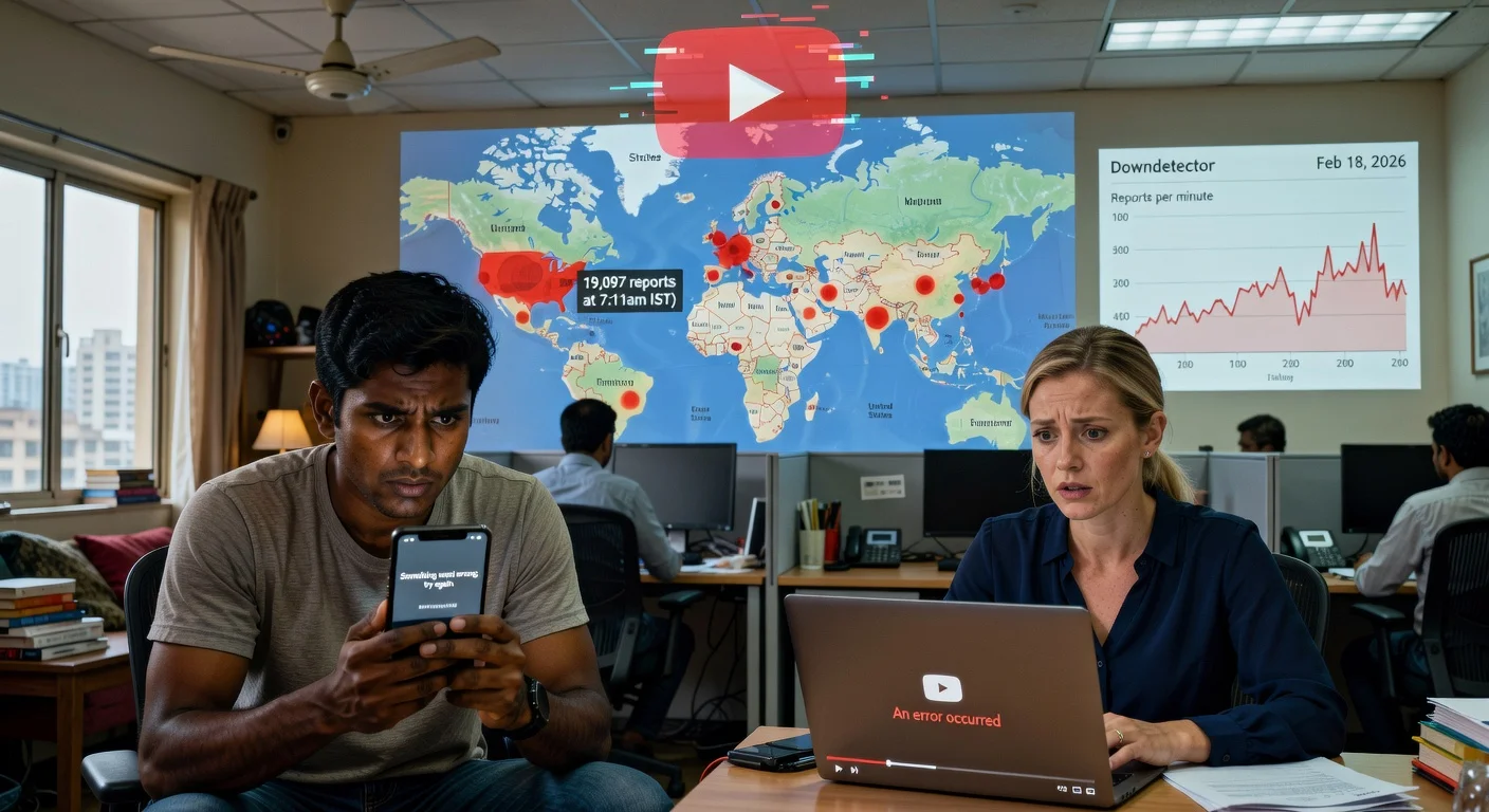 Frustrated global users facing YouTube outage on phones and laptops, overlaid with world map of disruptions and error screens.