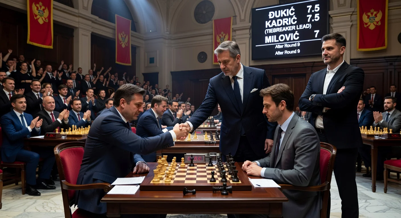 Chess grandmasters Nikola Đukić and Denis Kadrić tied at 7.5 points atop the Montenegrin Championship leaderboard, with a post-game chessboard and scoreboard.