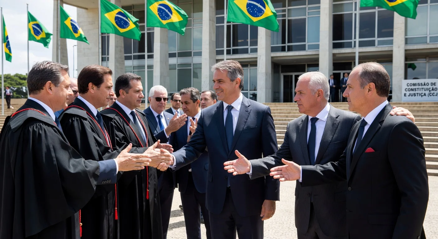 STF ministers André Mendonça, Gilmar Mendes, and Cristiano Zanin rally support for Jorge Messias' Supreme Court nomination outside the Senate ahead of CCJ hearing.