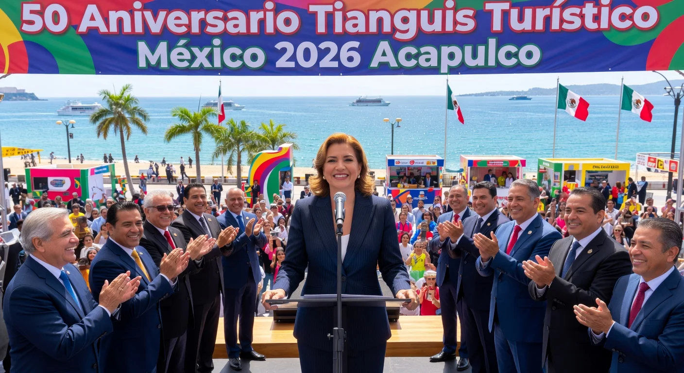Guerrero Governor Evelyn Salgado Pineda inaugurates the 50th Tianguis Turístico in recovering Acapulco, with officials and bay backdrop.