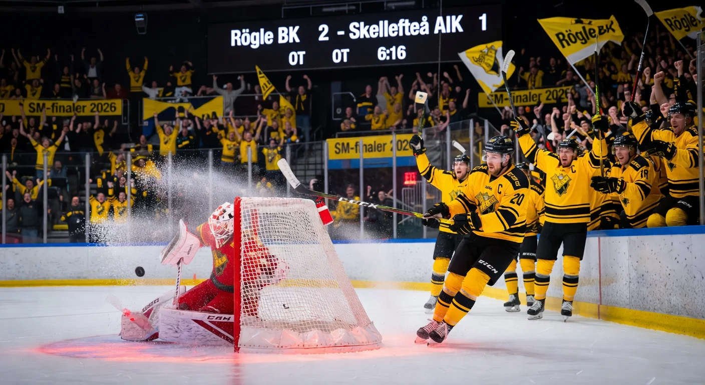 Rögle BK captain Anton Bengtsson celebrates his dramatic overtime goal securing a 2-1 win over Skellefteå AIK in SHL finals Game 3.