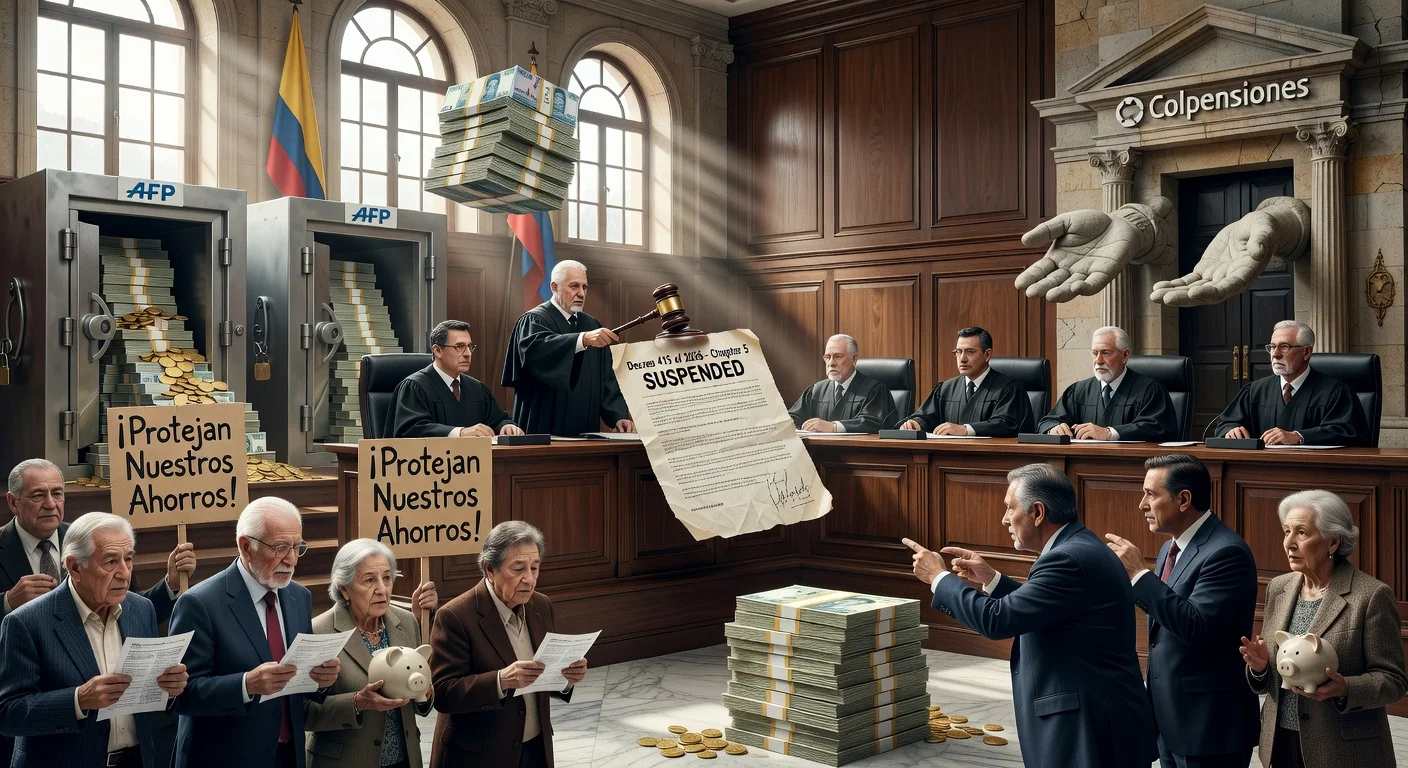 Dramatic courtroom scene illustrating Colombia's State Council suspending $25 trillion pension fund transfer to Colpensiones, with symbolic money halt and concerned savers.