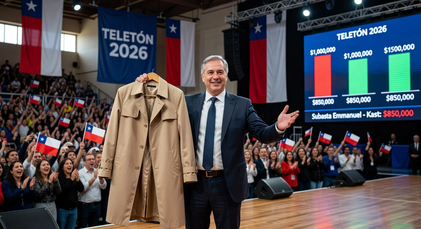 President José Antonio Kast holds Emmanuel's iconic gabardina on stage at Teletón 2026 launch, announcing his auction purchase and future donation.