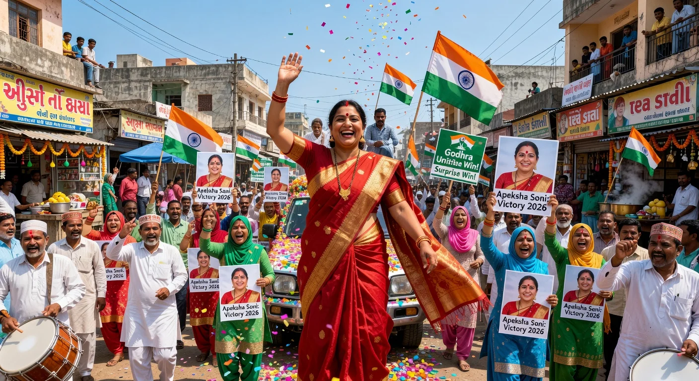 Apeksha Soni, independent Hindu candidate, celebrated by Muslim voters in a Godhra election procession after winning a 97% Muslim ward.