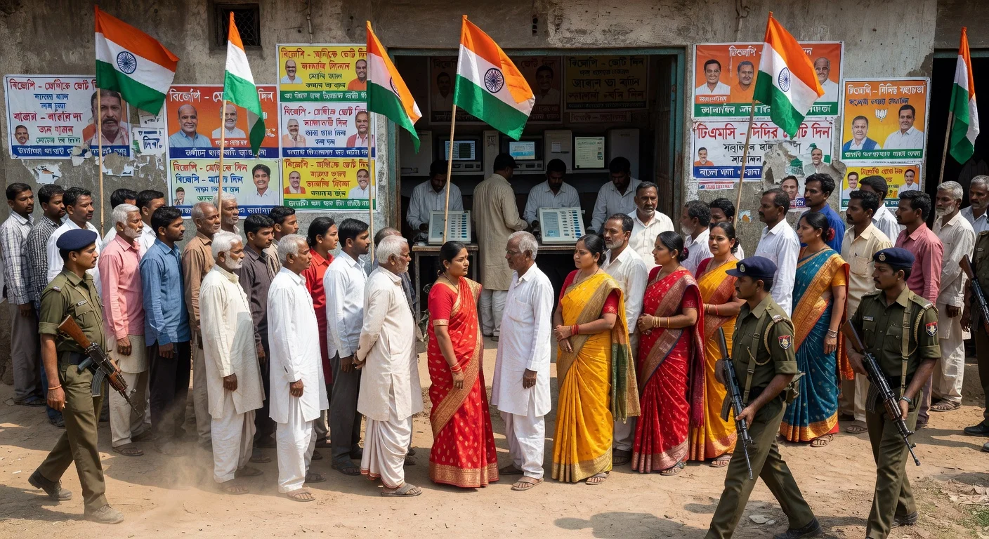 Voters in long queues at a West Bengal polling station amid heavy security for the final phase of 2026 assembly elections.
