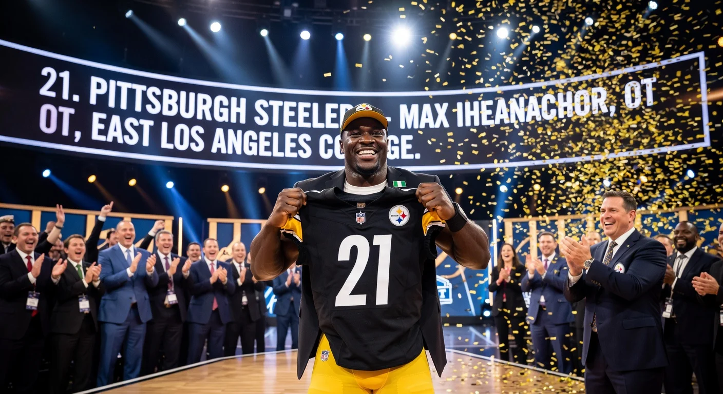 Steelers' first-round draft pick Max Iheanachor celebrates on NFL Draft stage.