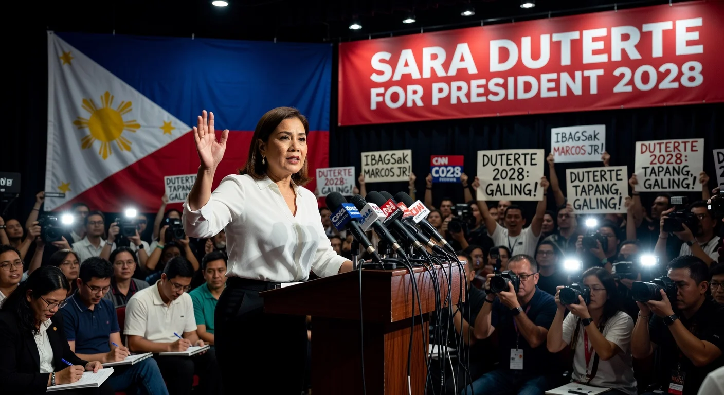 Sara Duterte declares 2028 presidential run at Manila press conference amid scandal.