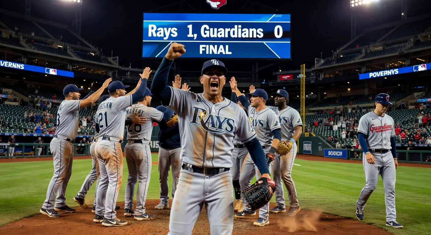 Rays celebrate 1-0 shutout win over Guardians, spoiling Travis Bazzana's MLB debut.