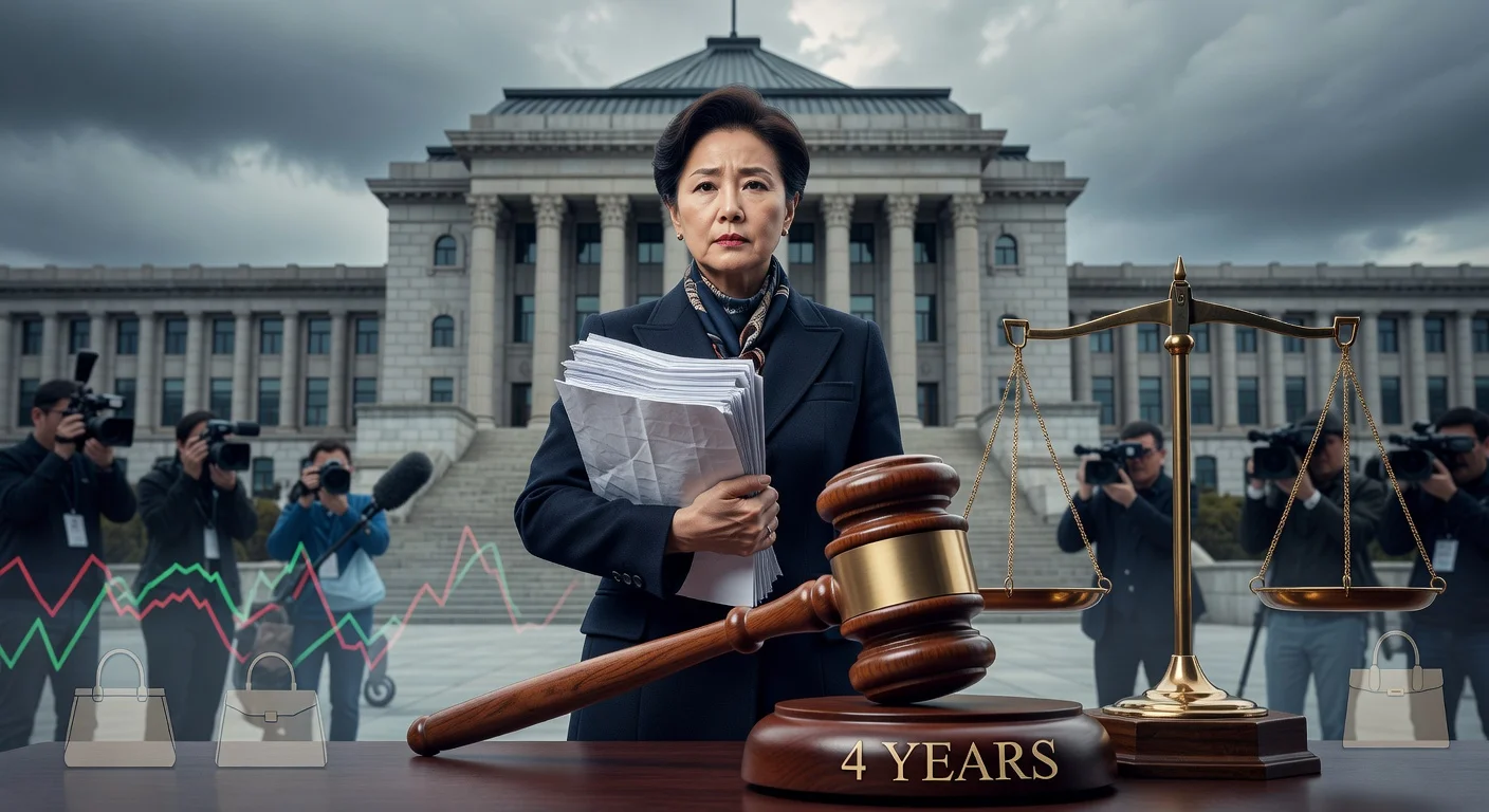 Ex-first lady Kim Keon Hee outside Seoul High Court after appeals court raises her corruption sentence to four years.