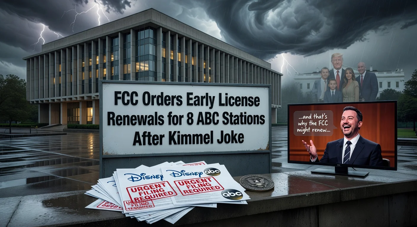Illustration depicting FCC ordering early ABC station license renewals following Jimmy Kimmel's controversial joke, with official documents and TV imagery.