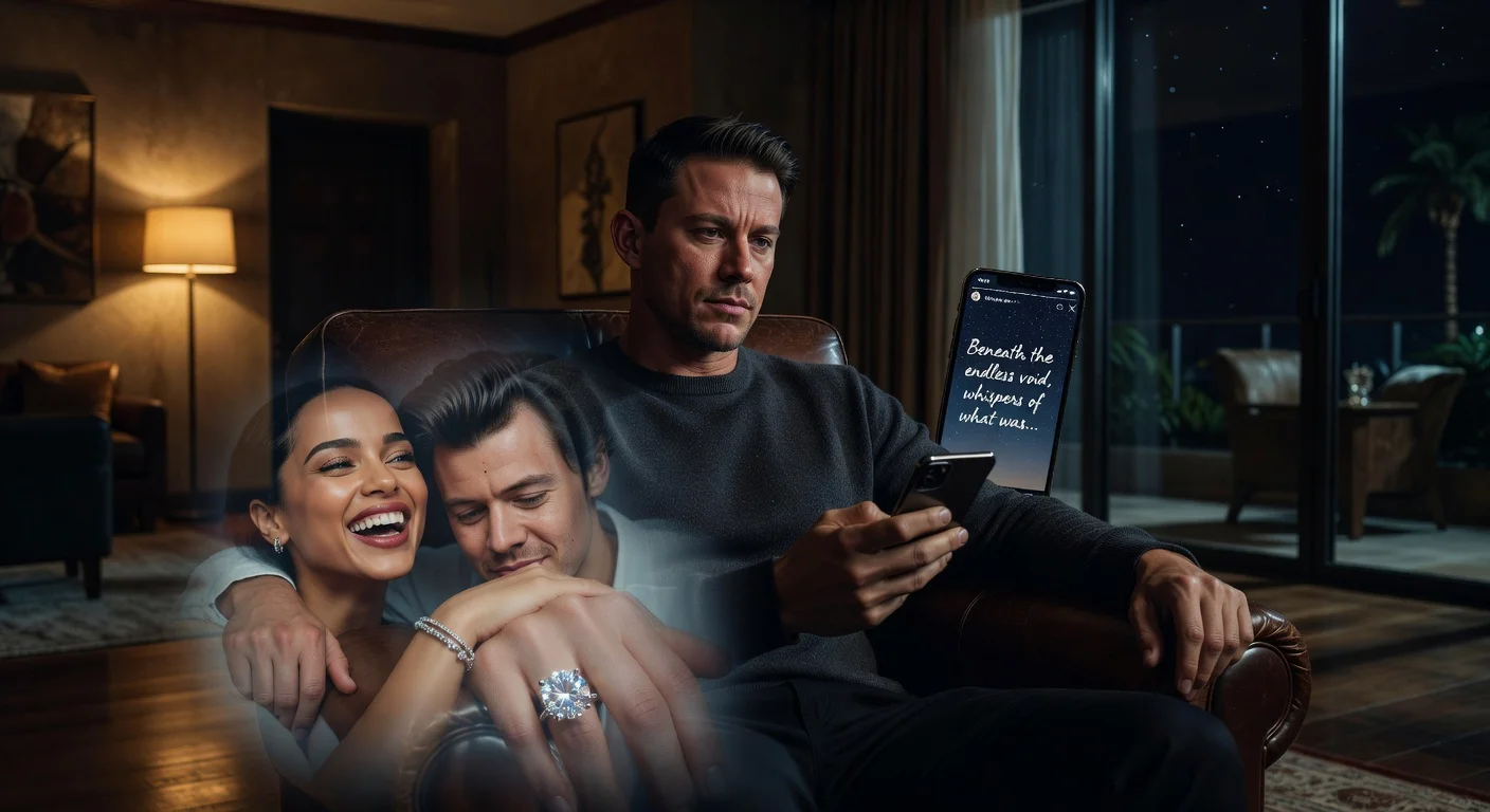 Channing Tatum posts cryptic poem amid ex Zoë Kravitz's reported engagement to Harry Styles, Hollywood love triangle illustration.