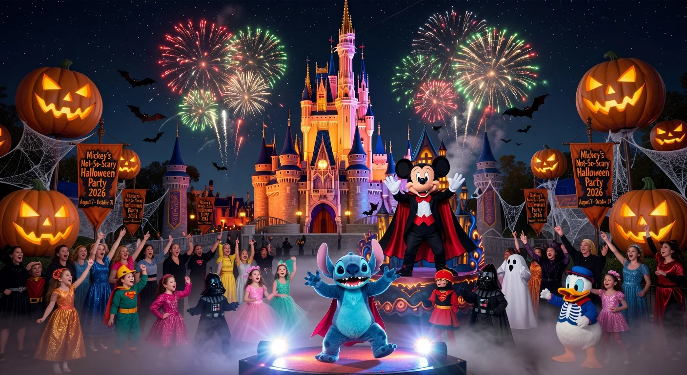 Photorealistic scene of Mickey's Not-So-Scary Halloween Party at Magic Kingdom, featuring Stitch's new dance party, Cinderella Castle in Halloween lights, and costumed crowds.