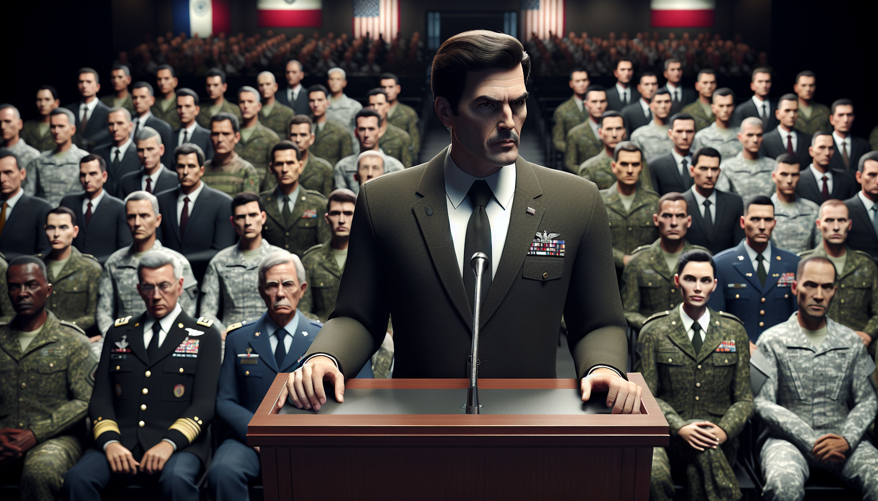 Pete Hegseth addressing military personnel with a stern speech, urging fitness and alignment, in a news-style illustration.