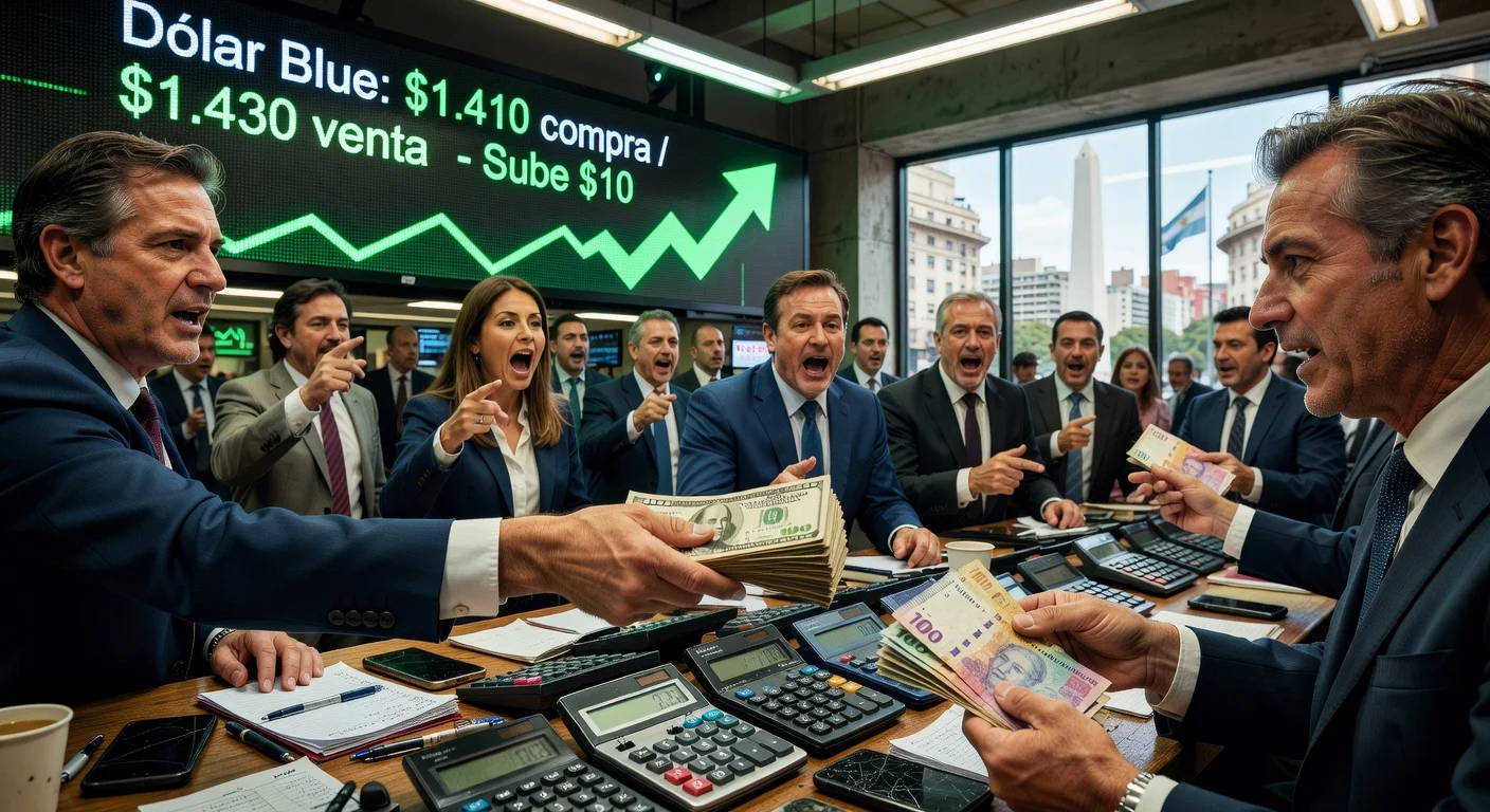 Illustration of Dollar Blue rising $10 to $1,430 on April 27, showing traders and exchange screen in Buenos Aires.