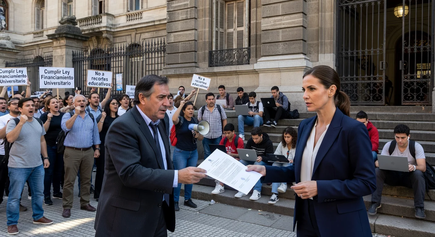 Illustration of Argentine government official notifying university rector to ensure classes amid teacher strikes, with protesters and virtual learning in background.