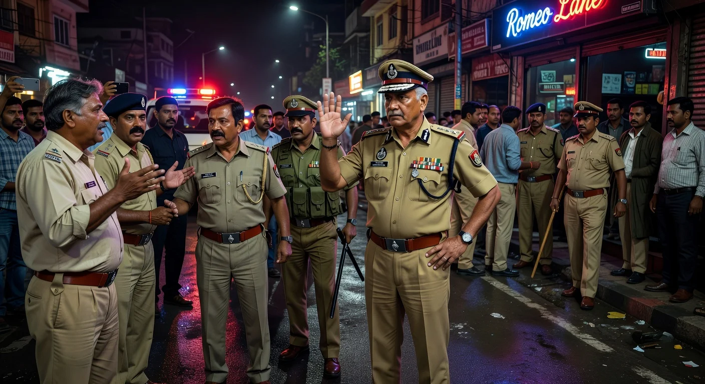Illustration depicting Dehradun IG Rajiv Swaroop intervening during a late-night police raid on Romeo Lane bar amid controversy.