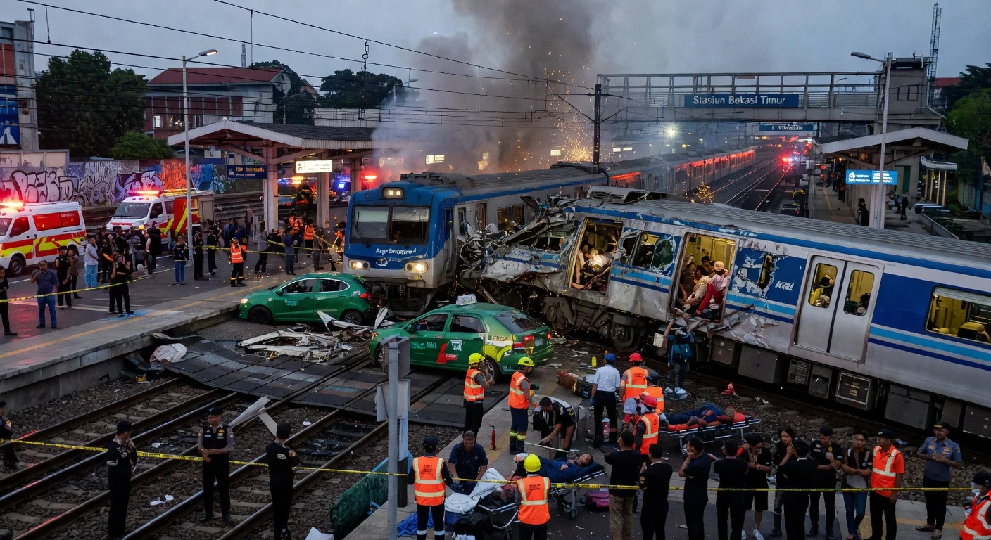 Illustration of deadly train crash at Bekasi Timur Station: rescuers free trapped passengers from wreckage amid emergency response.