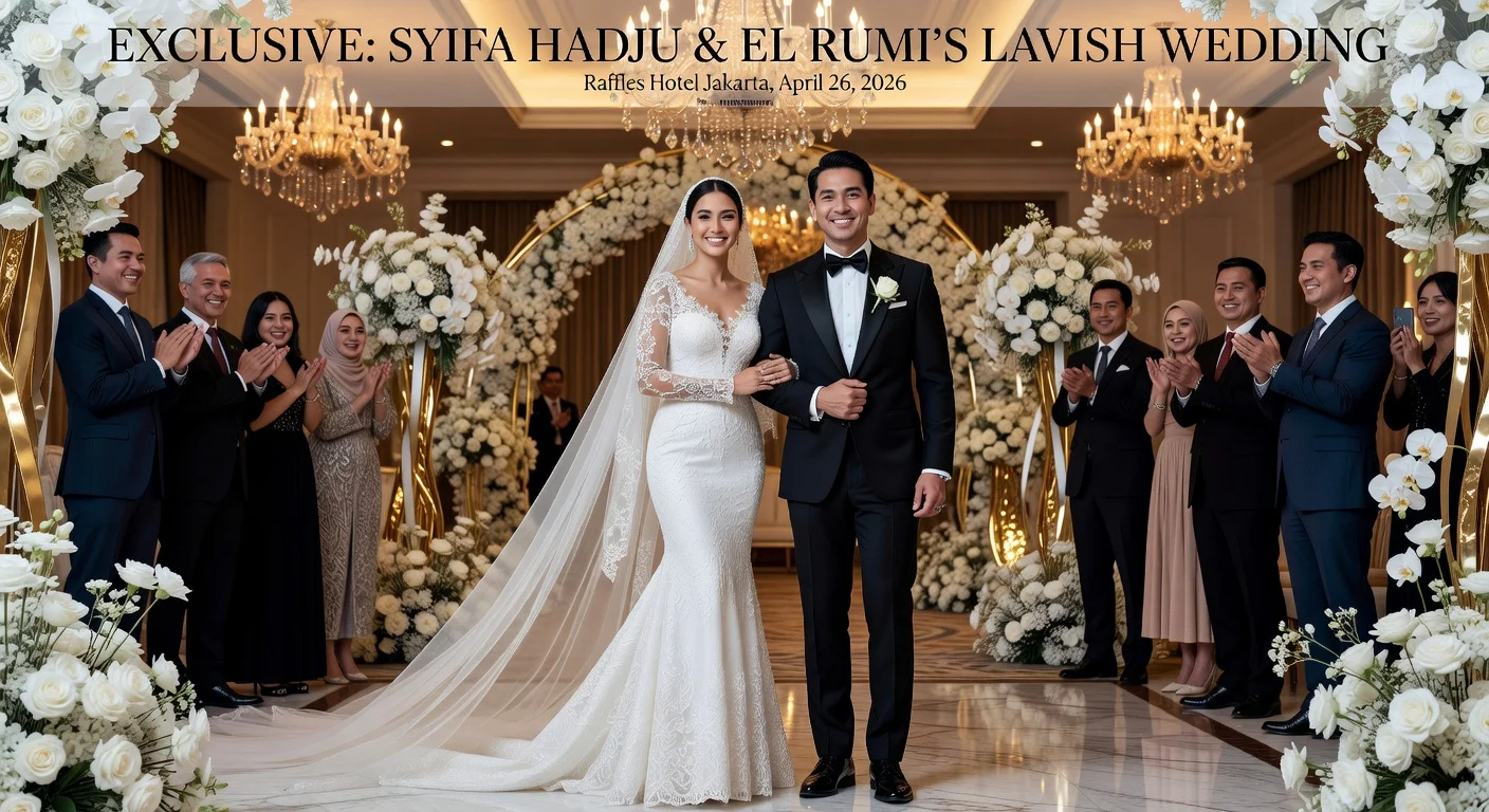 Illustration depicting Syifa Hadju and El Rumi's opulent wedding ceremony at Raffles Jakarta, with the couple in elegant attire surrounded by luxurious decor.
