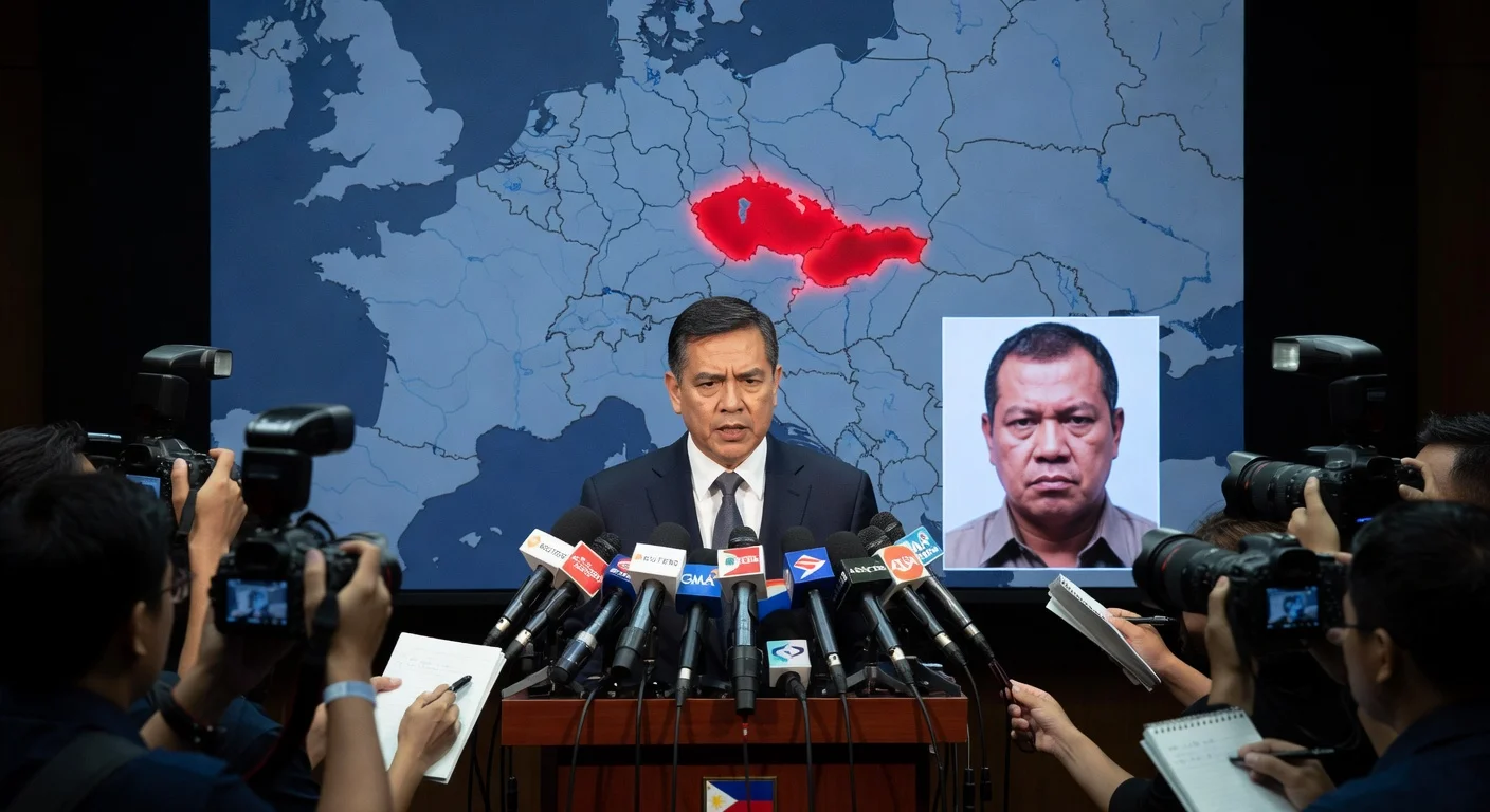 Acting Justice Secretary Fredderick Vida announces Zaldy Co is no longer in Czech custody but remains in Schengen area, press conference scene.