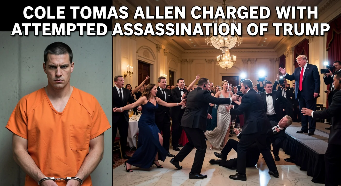Illustration of suspect Cole Tomas Allen charged with attempted assassination of President Trump following White House Correspondents' Dinner shooting.