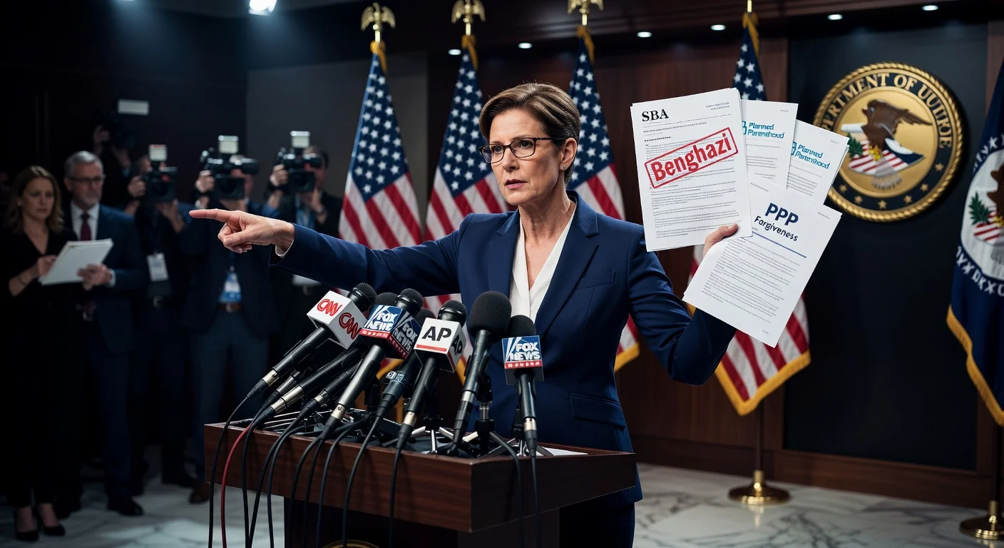 Sen. Joni Ernst at press conference, displaying SBA emails labeled 'Benghazi' regarding Planned Parenthood PPP loans, calling for DOJ investigation.