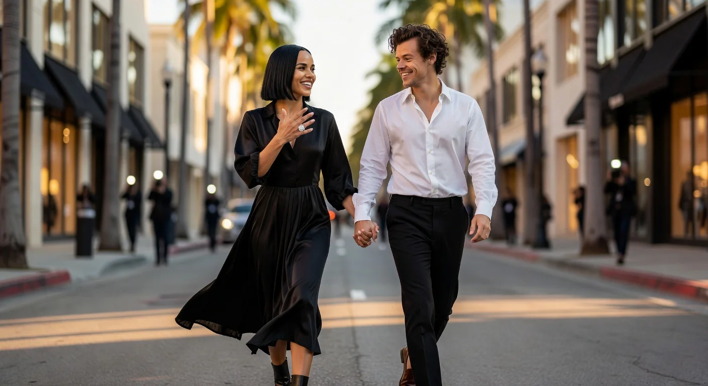 Harry Styles and Zoë Kravitz walking hand-in-hand, beaming with joy and displaying her sparkling engagement ring on a sunset-lit LA street.