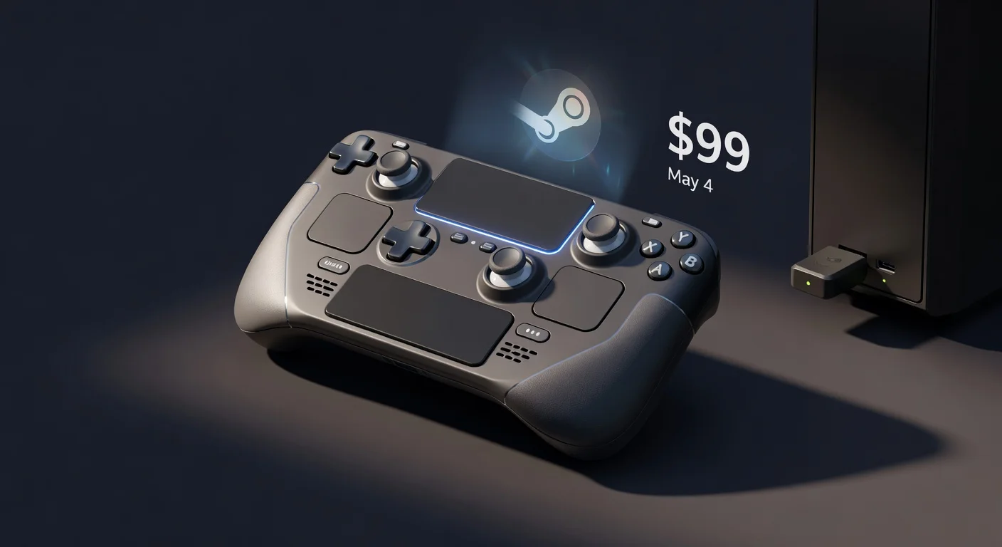 Realistic illustration of Valve's Steam Controller launching May 4 for $99, showcasing dual touchpads, TMR thumbsticks, and wireless Puck dongle on a sleek background.